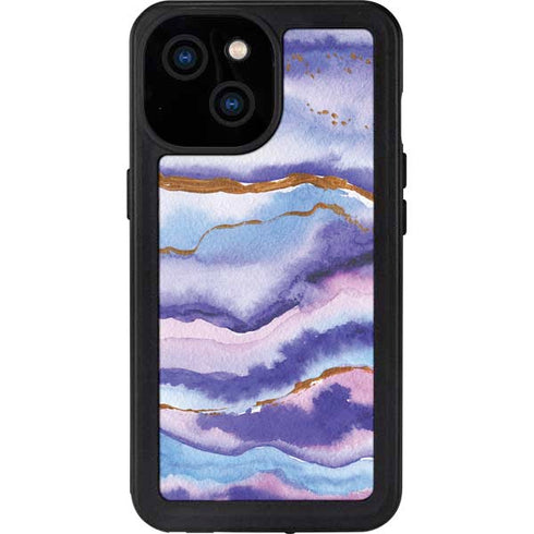 Blue Violet Watercolor Geode iPhone 15 Waterproof Case